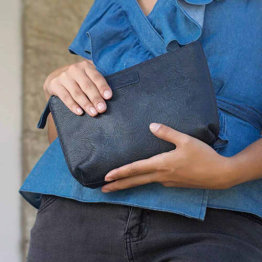 Tooled Leather Large Zippered Pouch