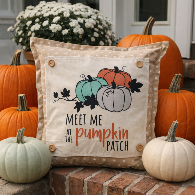PANEL ONLY: SQUARE Fall, Autumn Thanksgiving Gingham for throw pillow MEET ME AT THE PUMPKIN PATCH