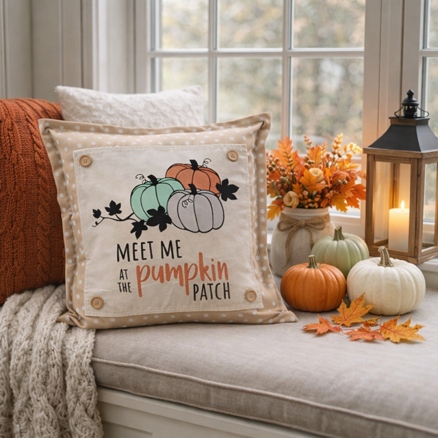 PANEL ONLY: SQUARE Fall, Autumn Thanksgiving Gingham for throw pillow MEET ME AT THE PUMPKIN PATCH