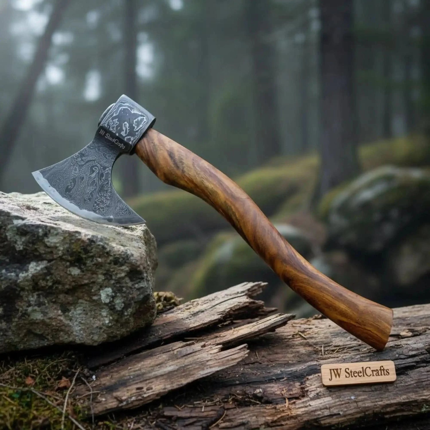 Nordic Damascus Camp Hatchet with Ergonomic Curved Hardwood Handle