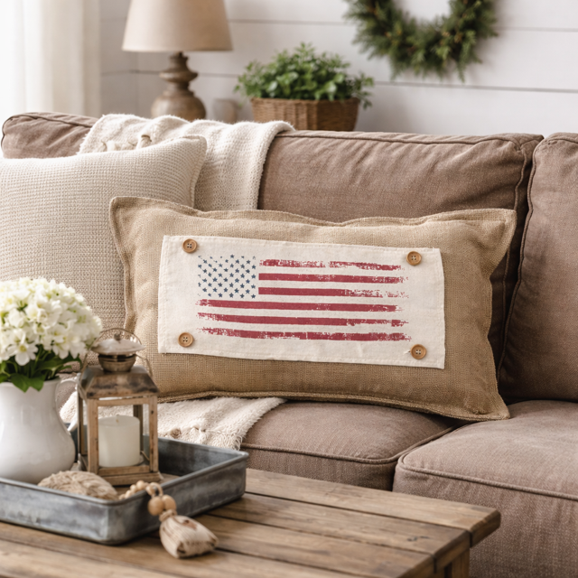 PANEL ONLY: RECTANGLE Summer American America Flag Vintage, White Wash, Faded, Well Loved; OLD GLORY