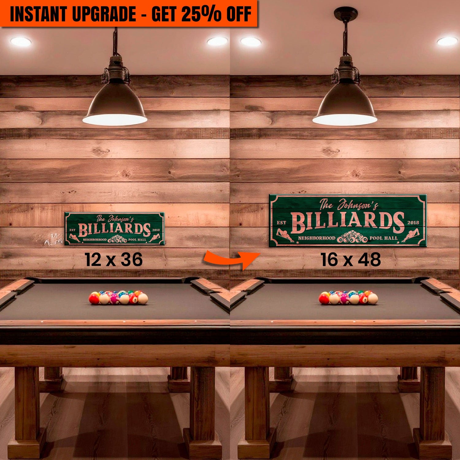 Upgrade Your 12x36 Inches 'Neighborhood Pool Hall Billiards Sign' Canvas To 16x48 Inches