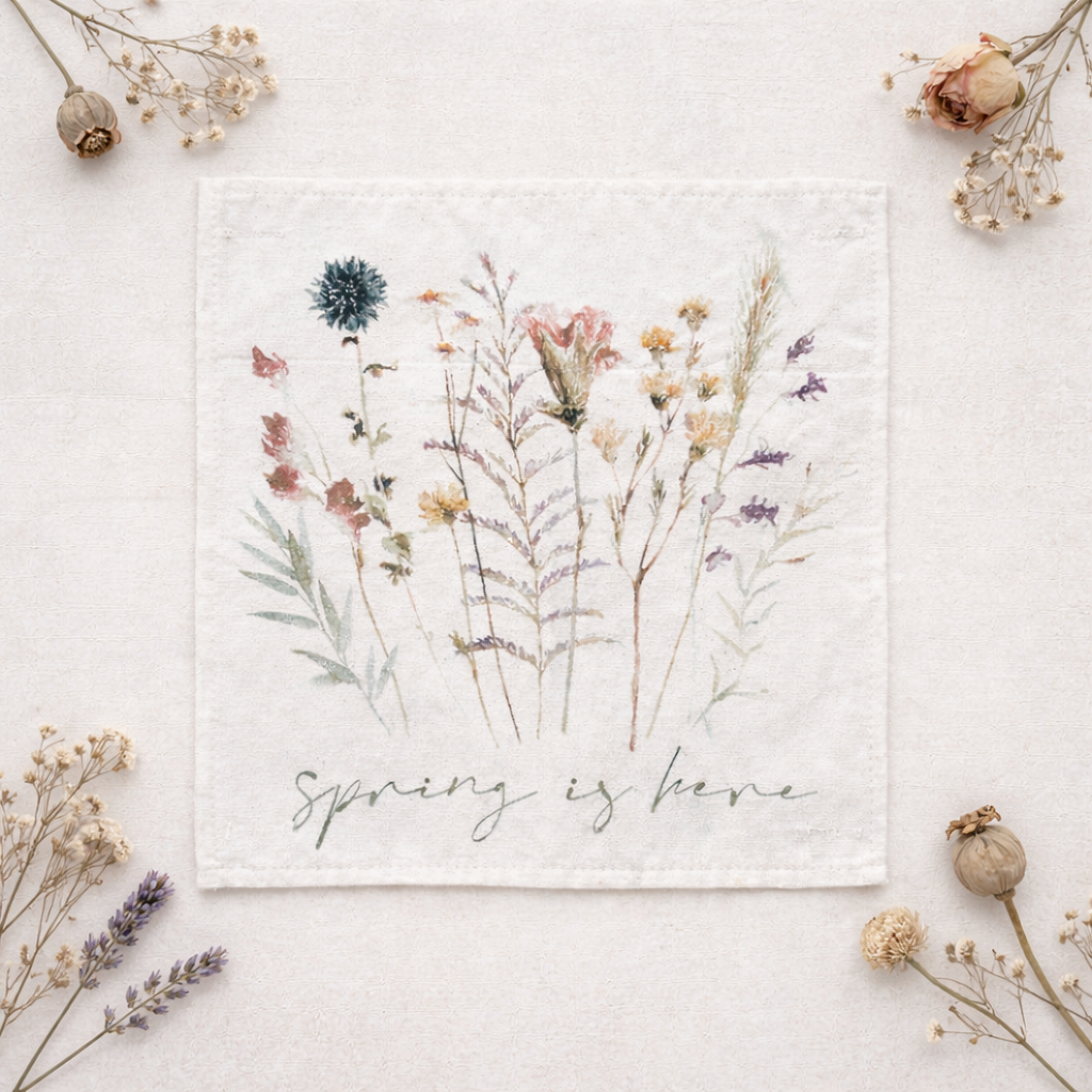 PANEL ONLY: SQUARE Pastel Water Color Floral Herb Garden Bouquet;  Spring is Here Dry PRESSED FLOWERS