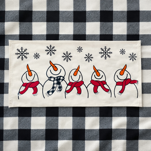 PANEL ONLY: 
RECTANGLE Season Panel: Winter January Decor Snow Snowflake Christmas; Singing Chorus Caroling Scarf Dancing Happy SNOWMAN SCARVES