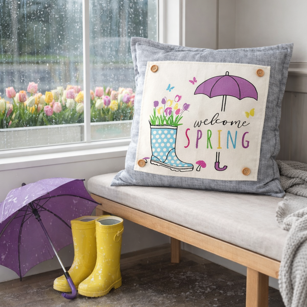 NEW! SQUARE BUNDLE SET: CHARCOAL PILLOW (comes with foam insert and these 3 panels in back pocket); Winter : LODGE, HEARTS, SPRING BOOT