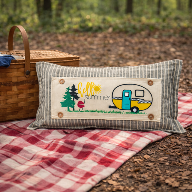 PANEL ONLY: RECTANGLE Hello BBQ Summer Vintage Camping Yellow Sunshine Camper, SUMMER CAMPER