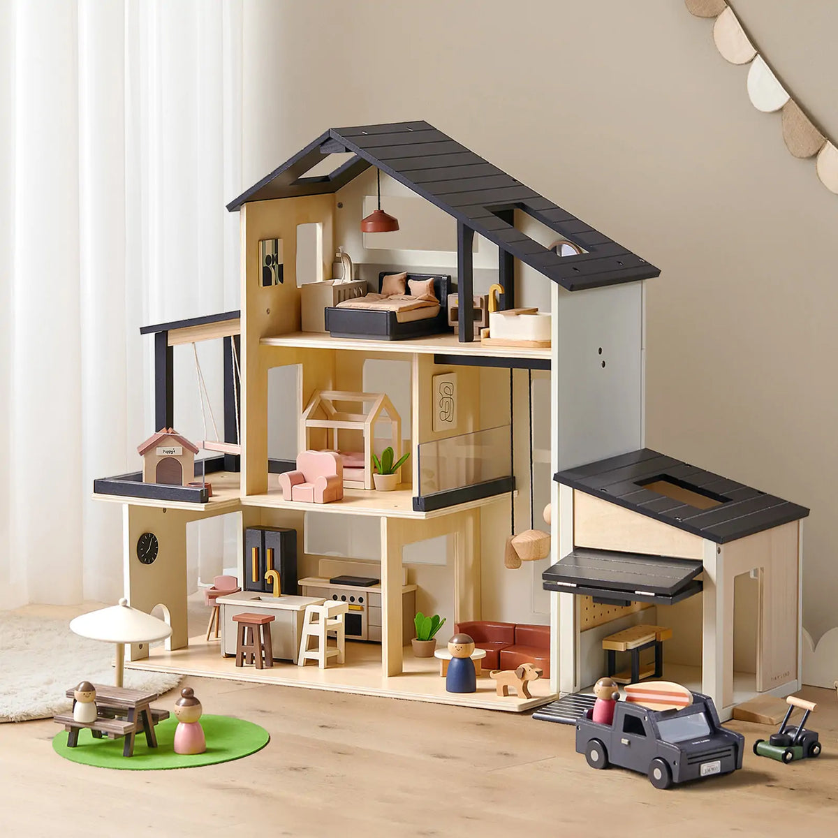 Sweet Family Gift Set: Black Dollhouse & Dollhouse Garage & Extra Dolls Set by Tiny Land INC, product image 2