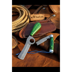 Ring Fang Bull Cutter Knife 7" Handmade Damascus Green Resin Handle by JW SteelCrafts