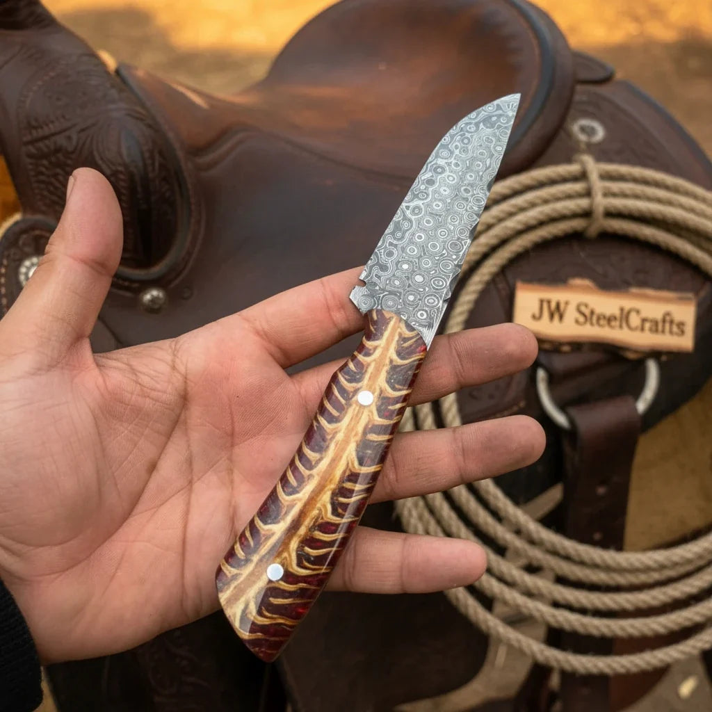 Corral Ridge Cowboy Blade 9” Handmade Damascus Stag Bone by JW SteelCrafts, product image 2