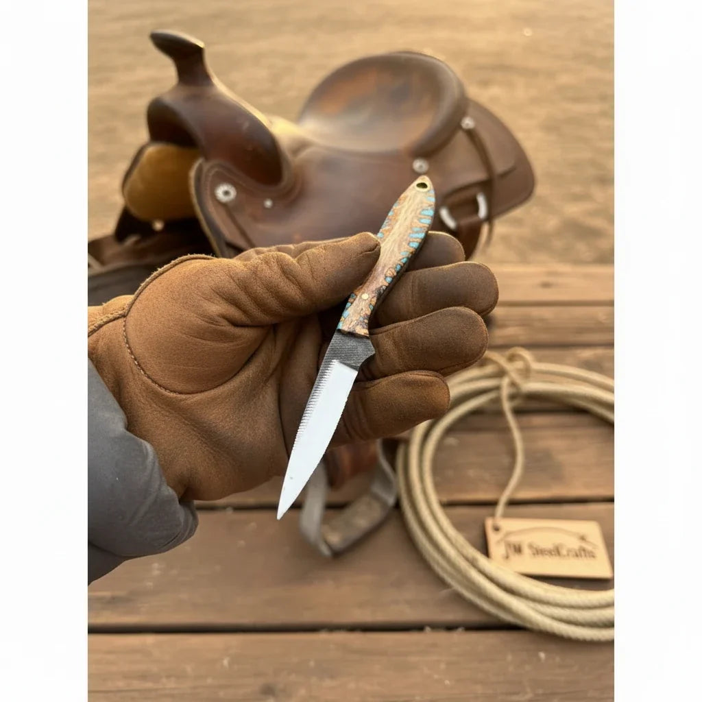 Saddle Rope Boning Knife 8.5” Handmade Damascus Turquoise & Bone Handle by JW SteelCrafts, product image 2