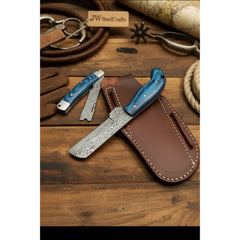 Pocket Forge Cleaver Knife 8.5" Premium Damascus with Blue Resin Handle by JW SteelCrafts