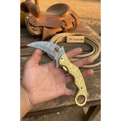 Goldtalon Ring Folder Knife 6" Handmade Brass Handle Finger Ring | JW Steelcrafts by JW SteelCrafts, product image 3