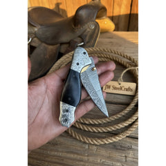 Blackwaist Damascus Folder Knife 7" Handmade Micarta Handle Liner Lock by JW SteelCrafts, product image 3