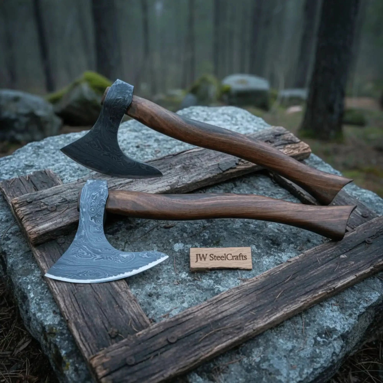 Damascus Skeggøx Bearded Axe Set with Two Matched Forged Heads