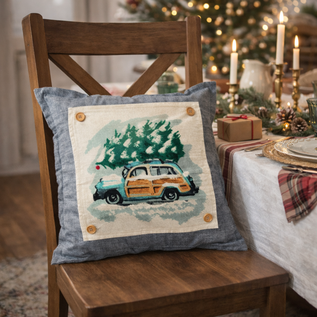 PANEL ONLY: SQUARE Christmas Griswald Family Tradition Tree Cutting Snow Scene Winter Wonderland for throw pillow; VINTAGE STATION WAGON