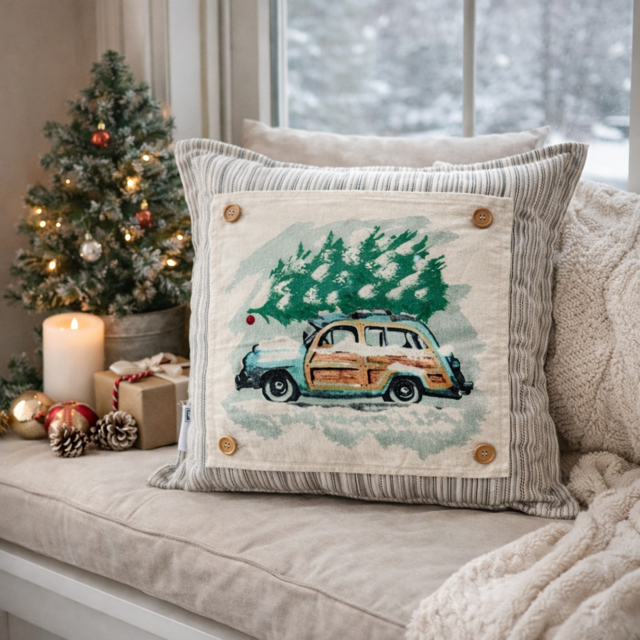 PANEL ONLY: SQUARE Christmas Griswald Family Tradition Tree Cutting Snow Scene Winter Wonderland for throw pillow; VINTAGE STATION WAGON