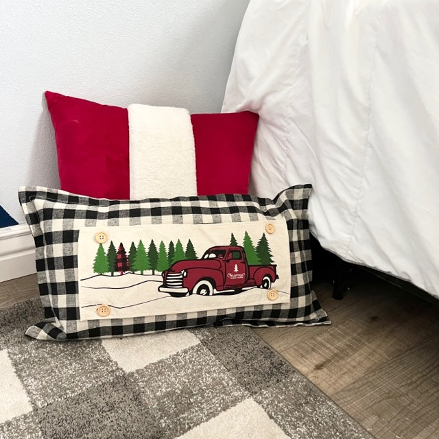 NEW! BUNDLE SET: Buffalo Check Gingham Pillow (comes w/ foam insert & these 3 panels in back pocket)  SMELL MY FEET, PUMPKIN PIE, CHRISTMAS TRUCK