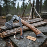 Wolf's Fang Viking Axe & Knife Set with Carved Hardwood Handle