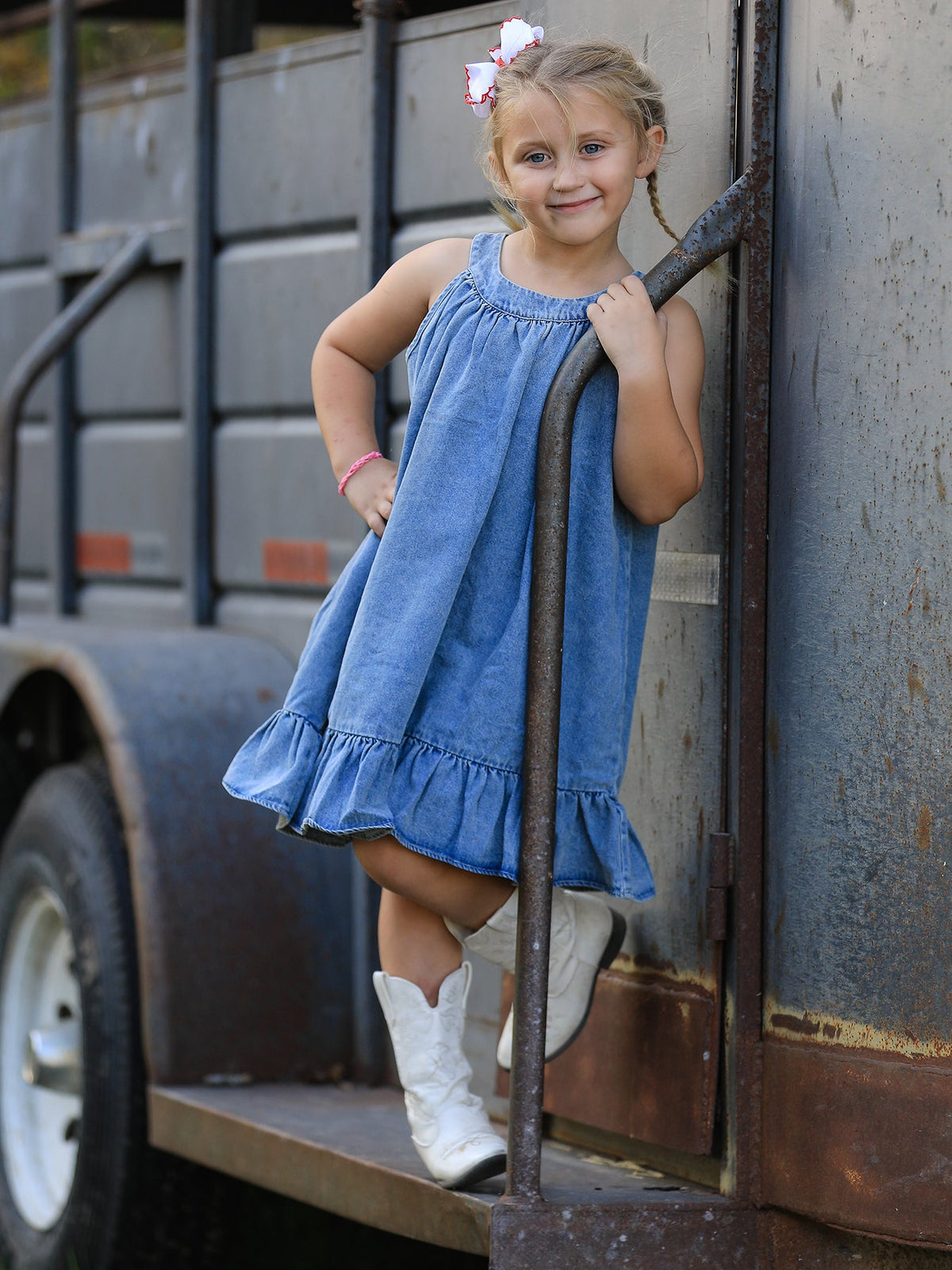 Girls Denim Ruffle Trim A-Line Dress