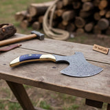 Damascus Steel Bushcraft Axe with Hardwood Handle & Leather Sheath