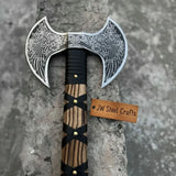 Hand Engraved Double Headed Viking Axe with Nordic Knotwork and Leather Wrapped Handle