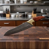 13" Overall Damascus Gyuto Chef Knife – Red Pakka Wood Handle and Brass Bolster