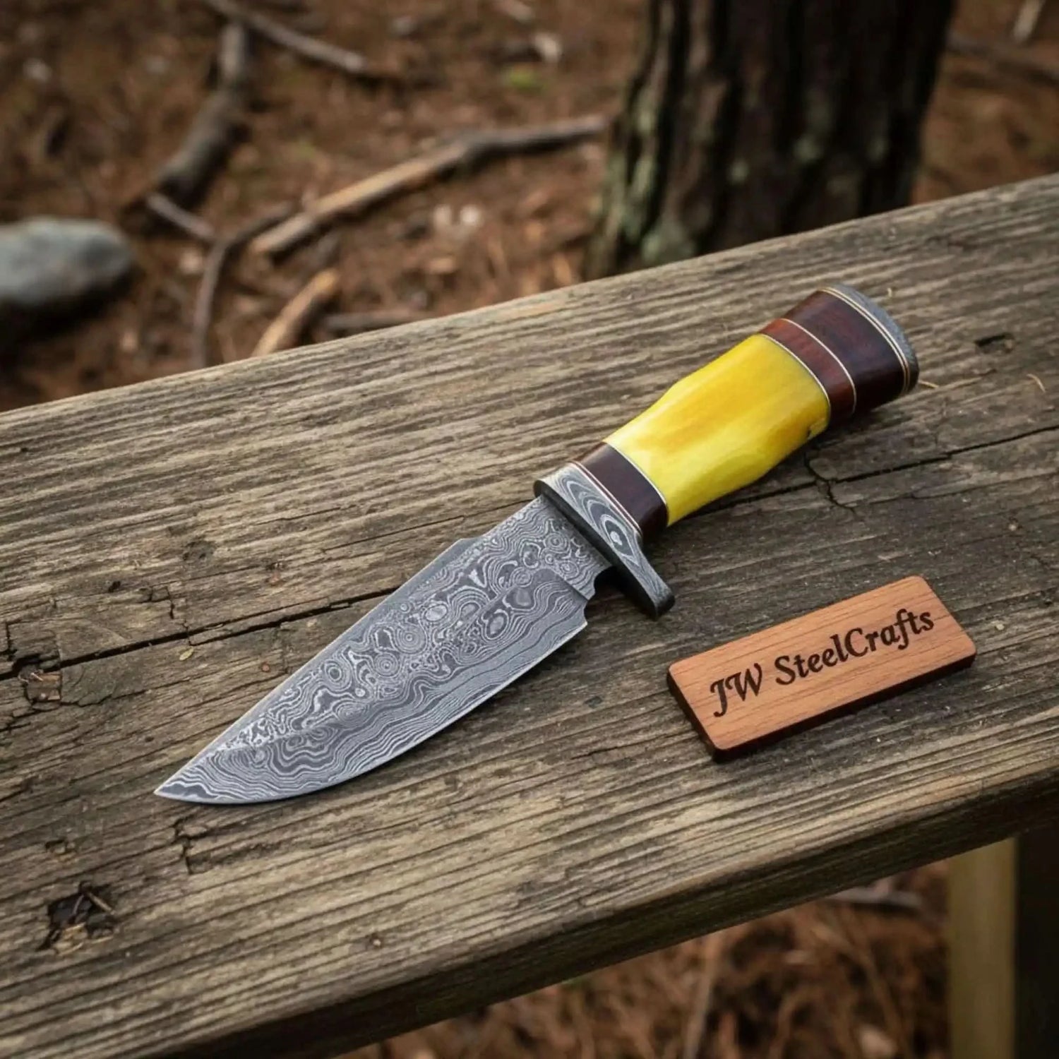 Frontier Clip Point Bowie Knife, Forged Damascus Steel with Colored Bone & Wood Spacer Handle