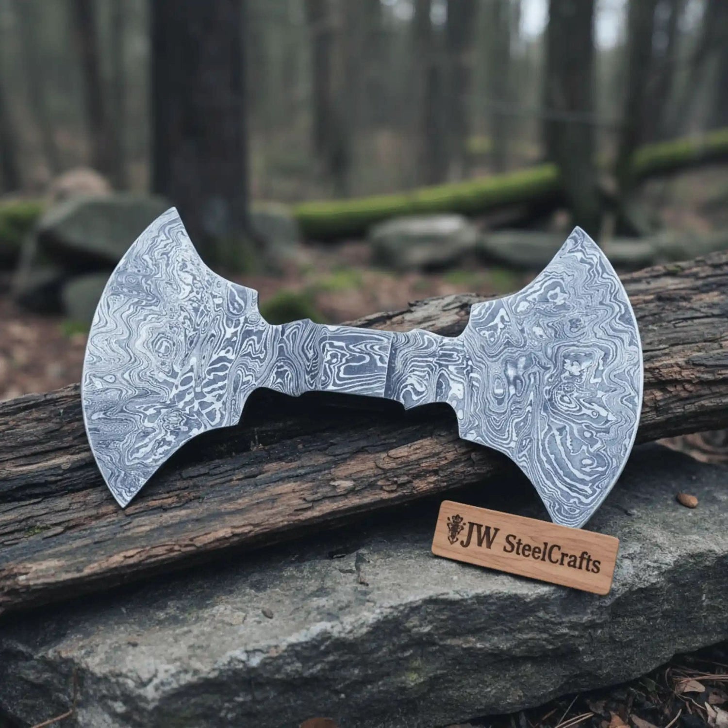 Duskraven Double-Bit Damascus Axe Handmade 9 Inch Forged Steel Head