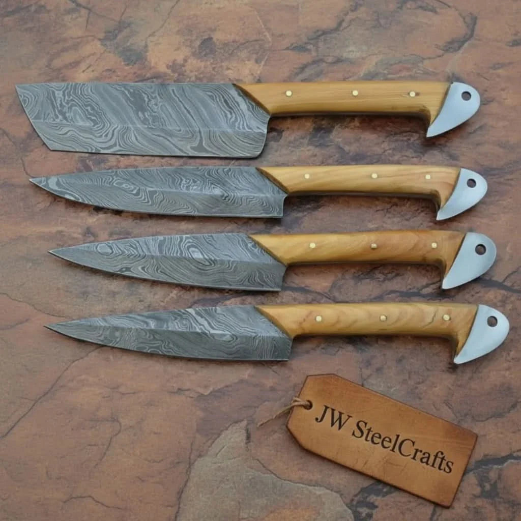 Damascus Kitchen Knife Set of 4 - Hand-Forged Full Tang Blades