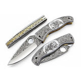 Handmade Damascus Folding Knife, Engraved Bone Handle Pocket Knife, Custom EDC Folder | JW SteelCrafts