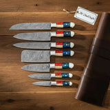 Damascus Kitchen Knife Set | Texas Flag Pakka Wood and Camel Bone Handles | JW SteelCrafts