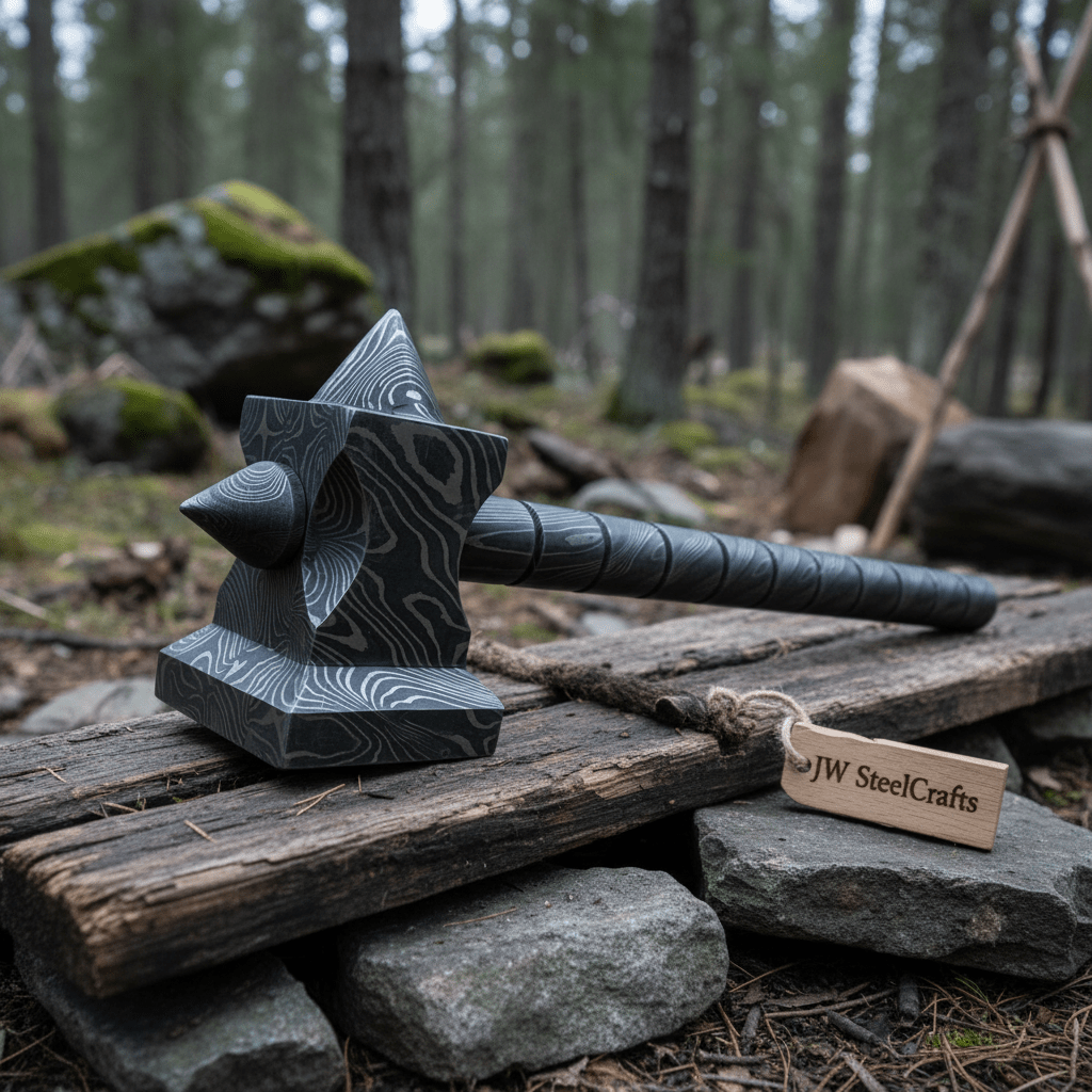 Sculpted Damascus Steel War Hammer 12