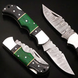 Green-Trail Damascus Pocket Knife with Wood Grain Blade