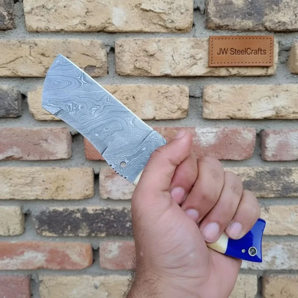 Handmade Damascus Tanto Knife with Bone and Blue Resin Handle, Fixed Blade Outdoor Utility Knife