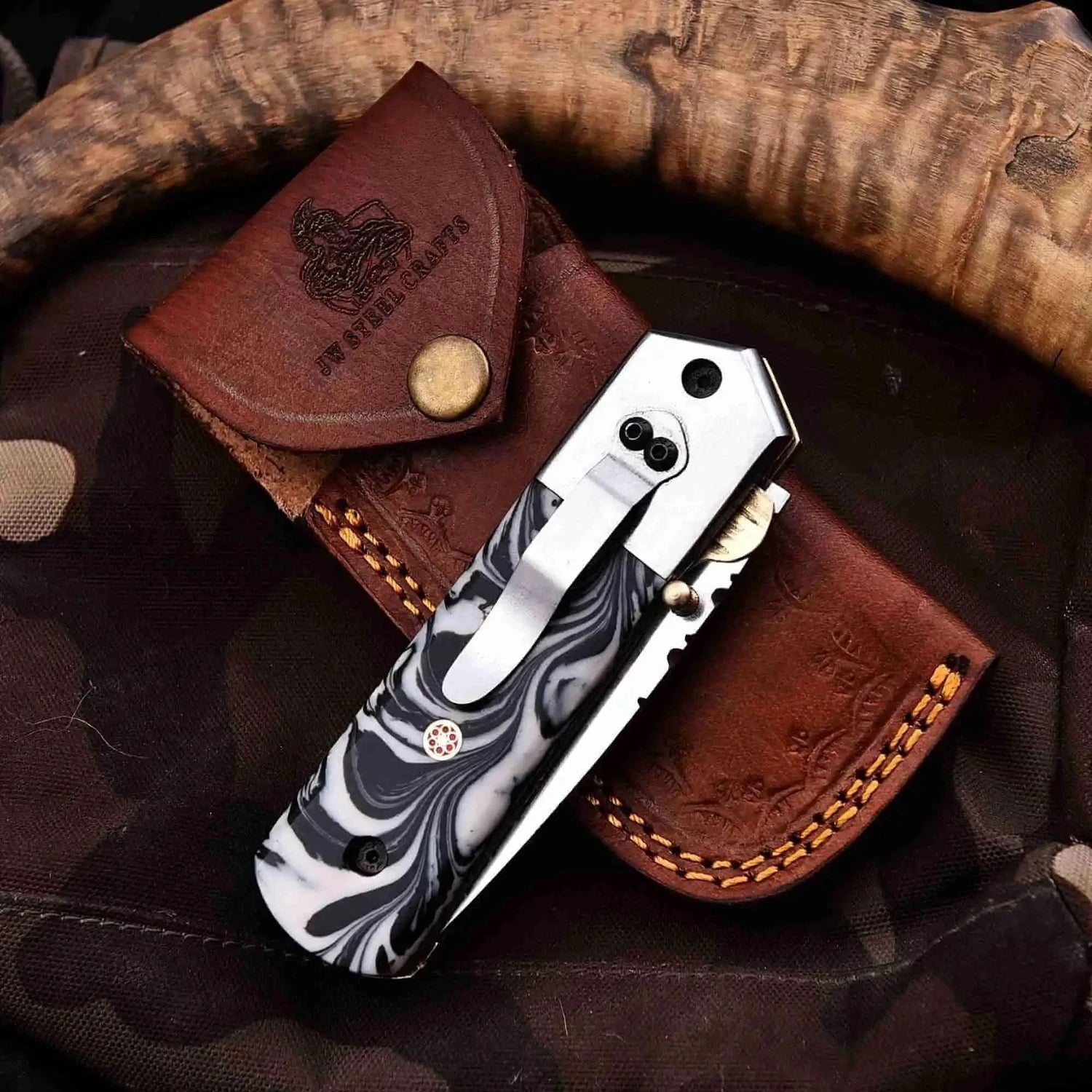 Hand-Forged Marble Resin Pocket Knife With Stainless Steel Blade