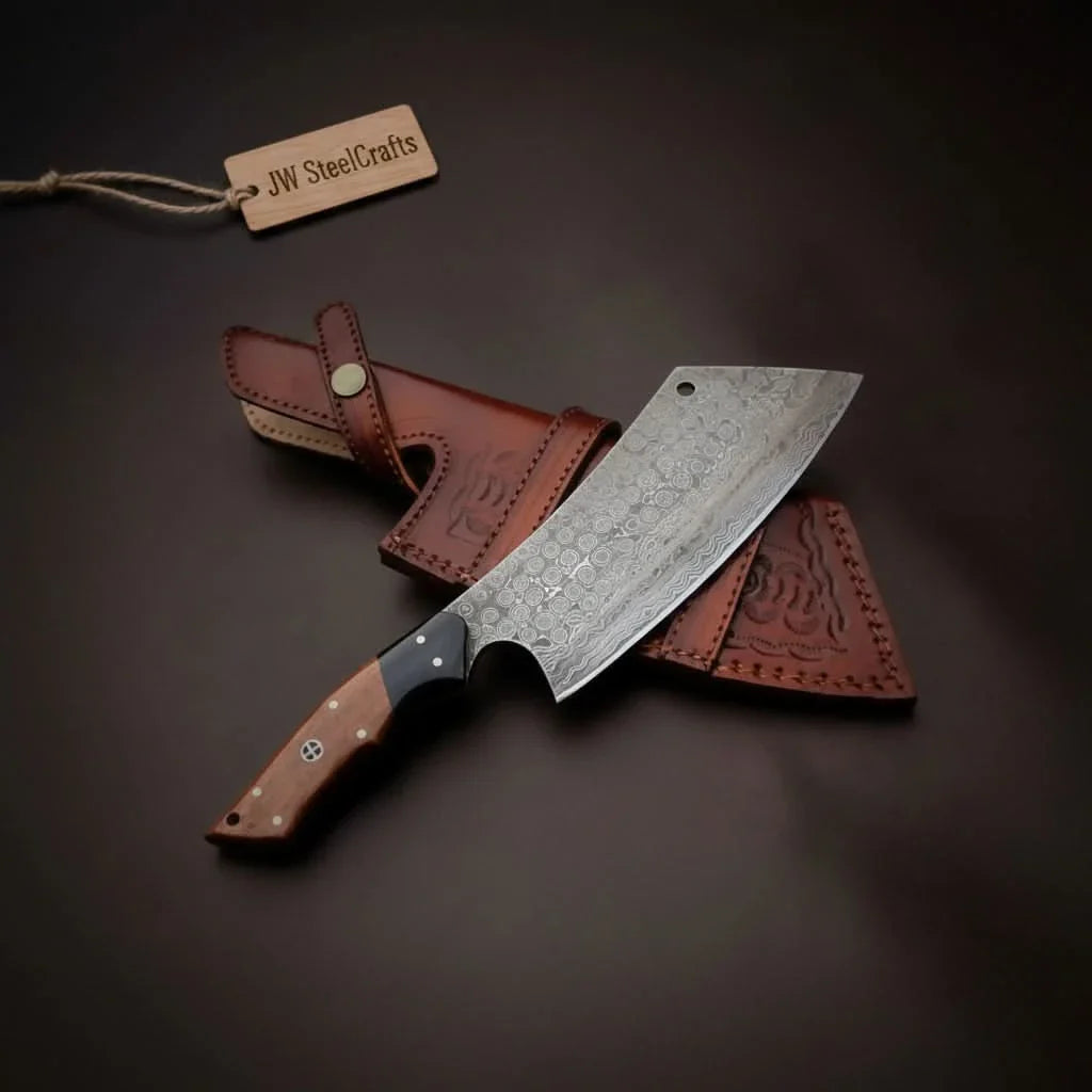 Hand-Forged Damascus Kiritsuke Cleaver Chef Knife — Raindrop Blade Full Tang