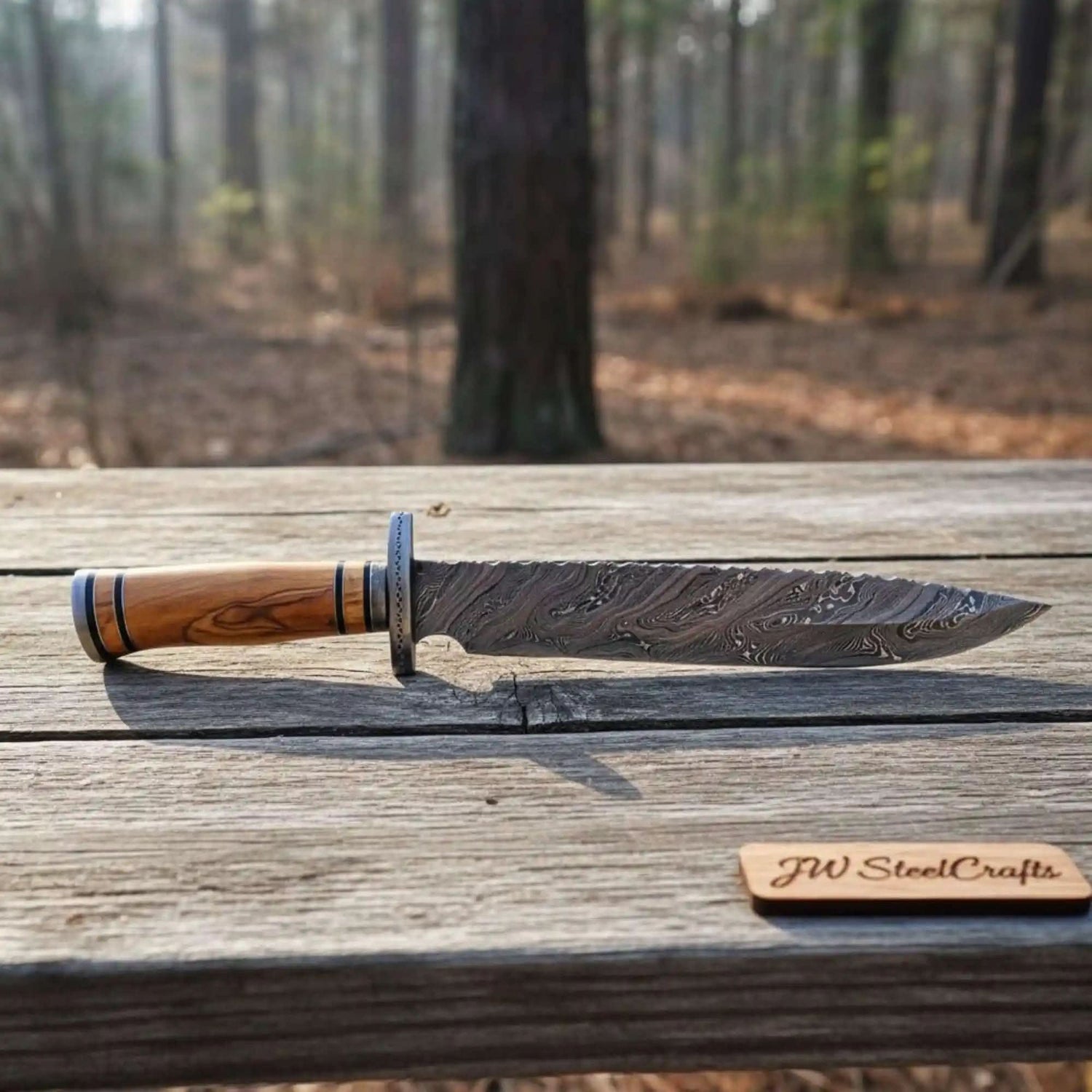 Frontier Damascus Clip Point Bowie Knife with Ash Wood Handle | JW SteelCrafts