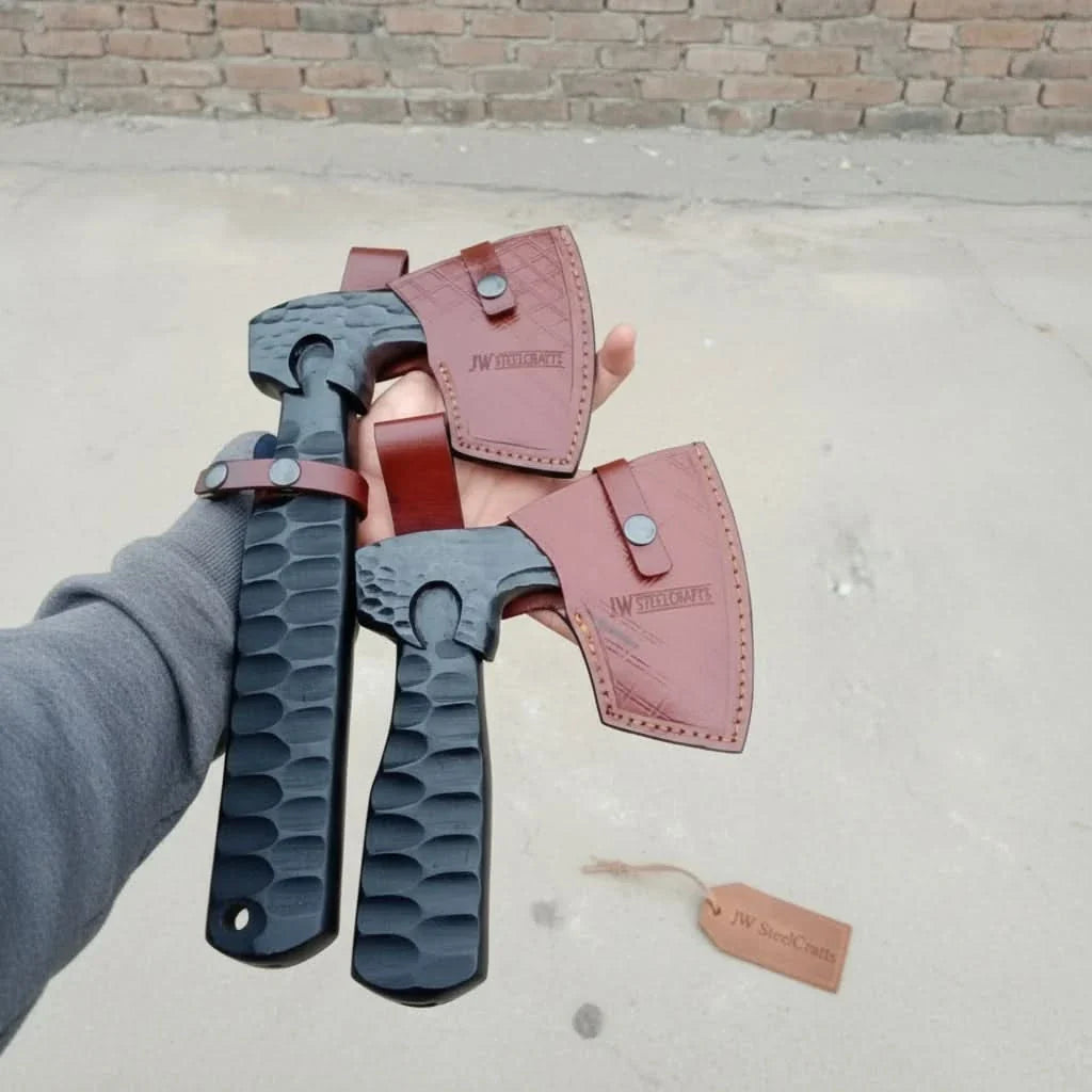 Forged Tool Axe Duo – Textured Steel Heads with Sculpted Hardwood Handles and Leather Sheaths