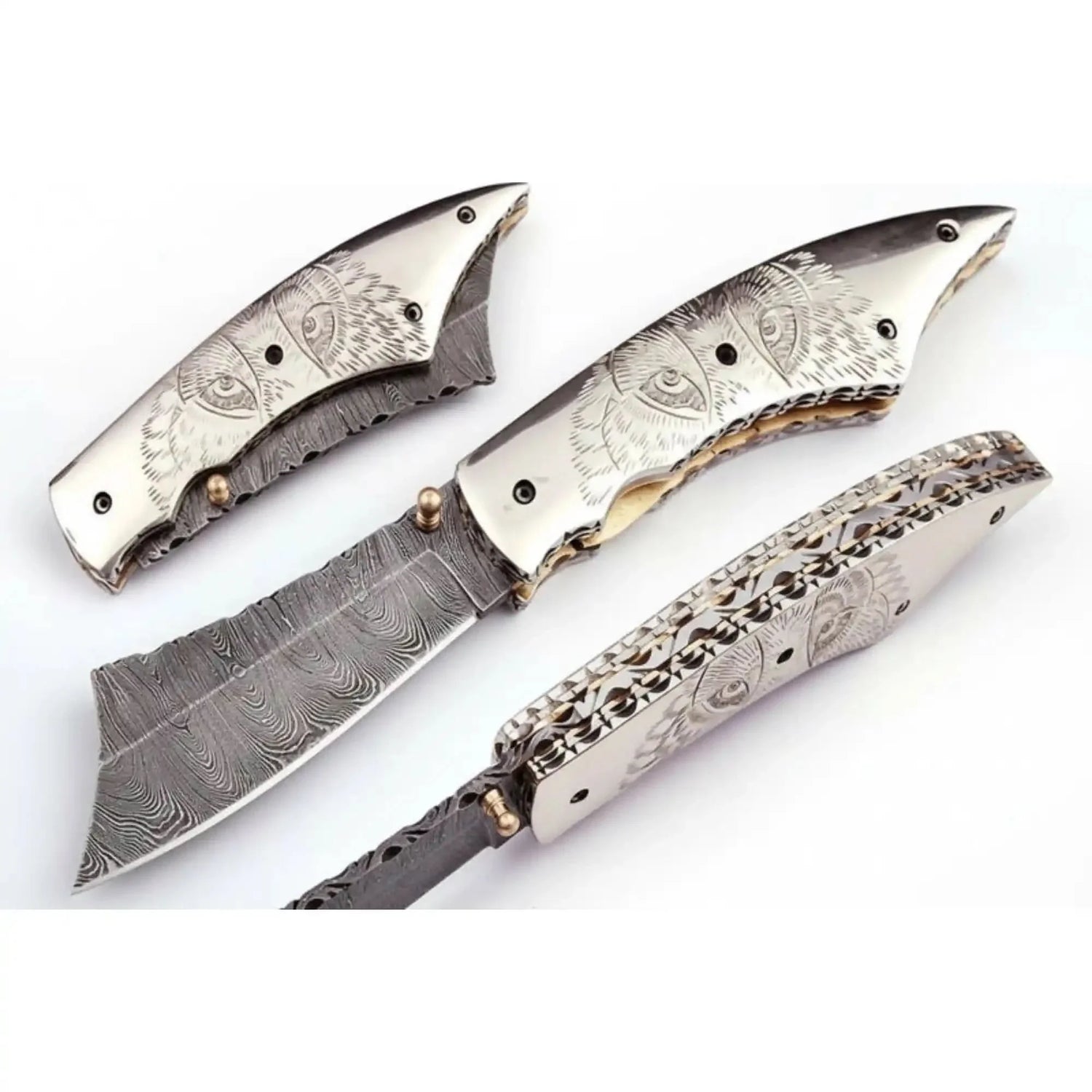 Handmade Damascus Folding Knife with Wolf Engraved Bone Handle & Leather Sheath