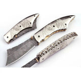 Handmade Damascus Folding Knife with Wolf Engraved Bone Handle & Leather Sheath