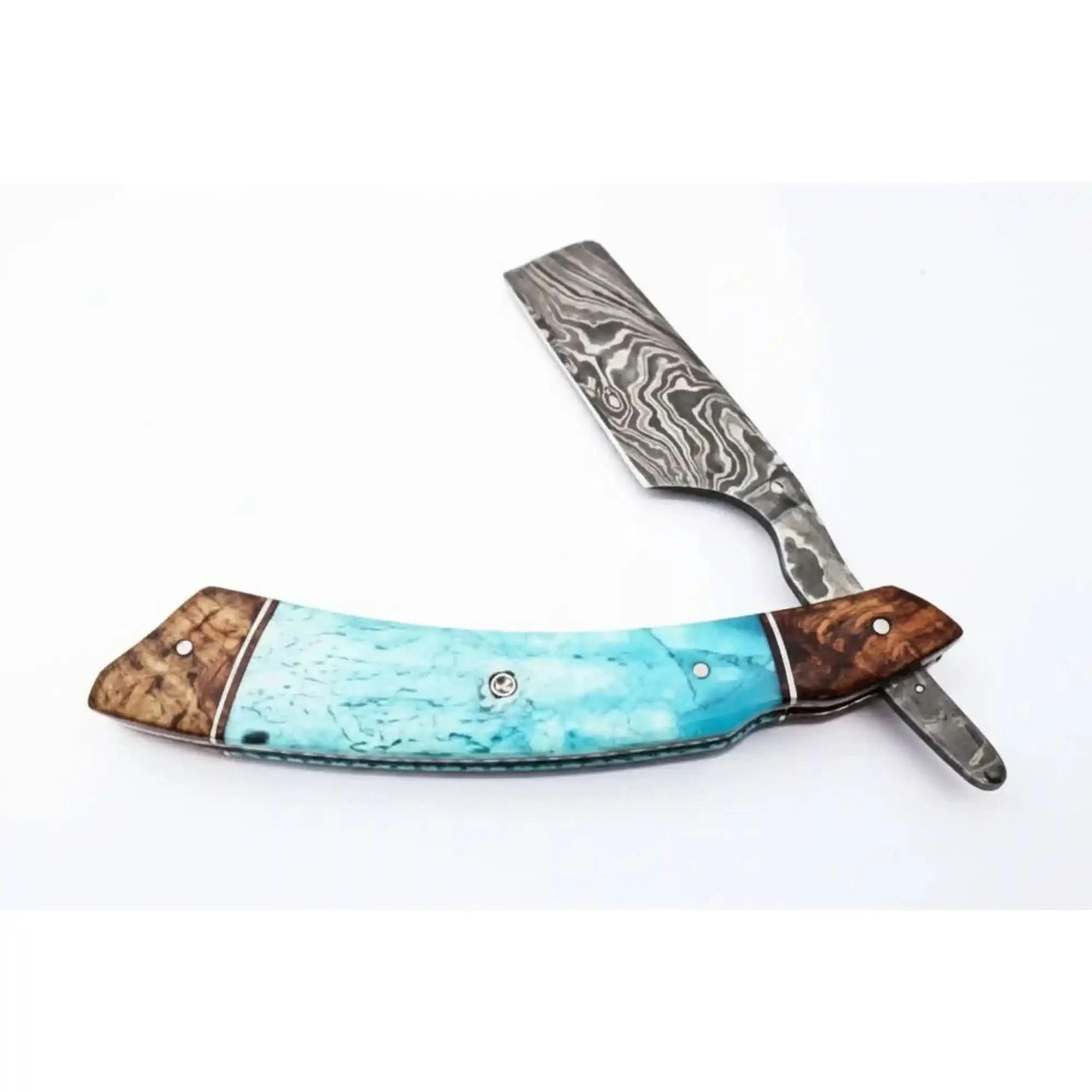 Classic Western Damascus Straight Barber Razor with Blue Bone and Rosewood Handle
