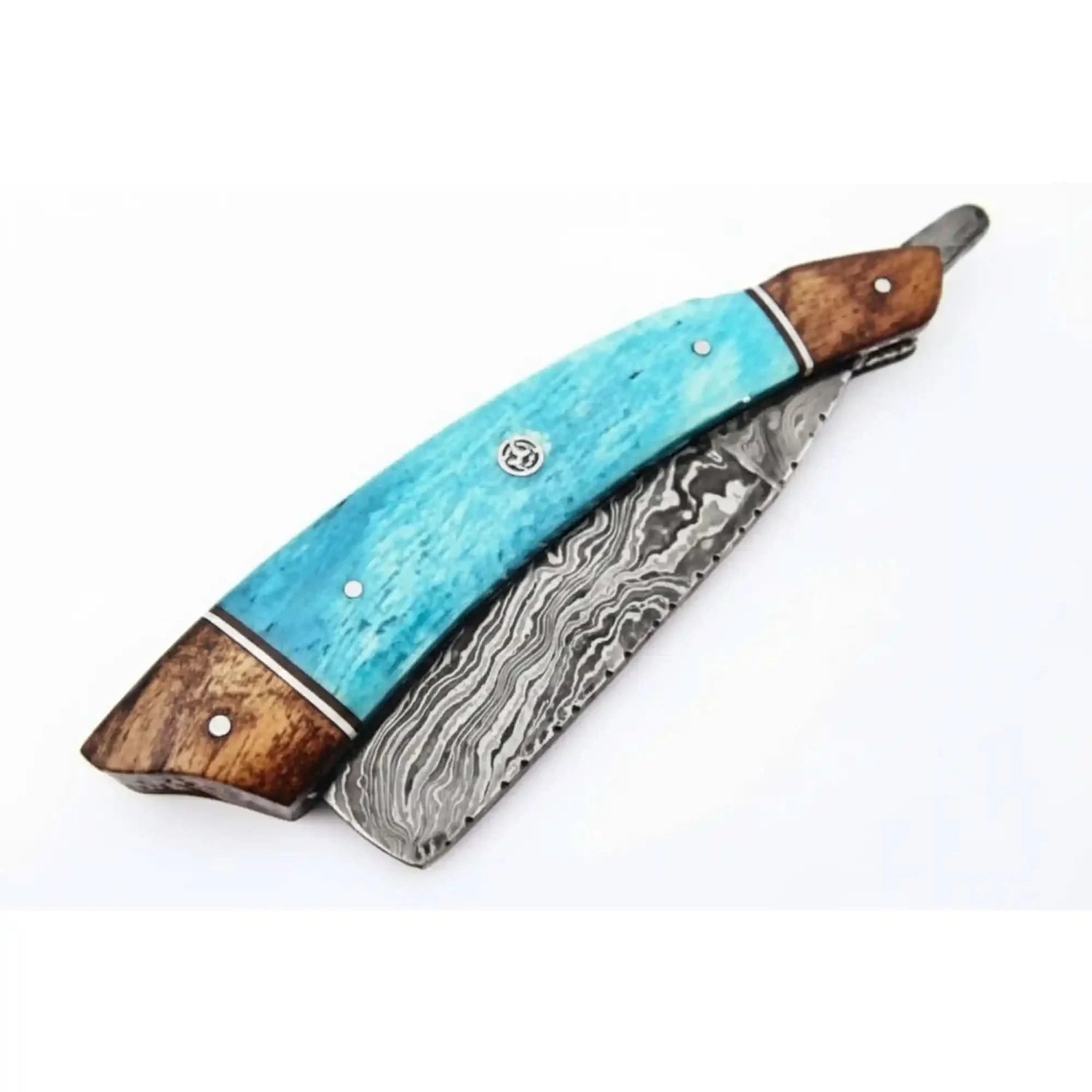 Classic Western Damascus Straight Barber Razor with Blue Bone and Rosewood Handle
