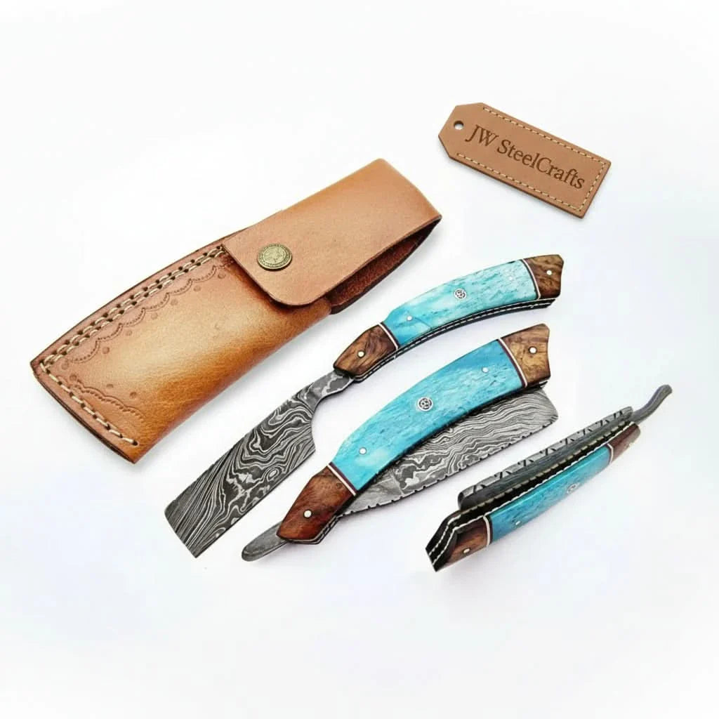 Classic Western Damascus Straight Barber Razor with Blue Bone and Rosewood Handle