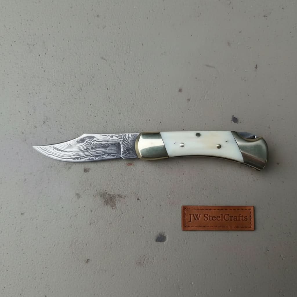Handmade Damascus Folding Pocket Knife – Bone Handle with Brass Bolsters