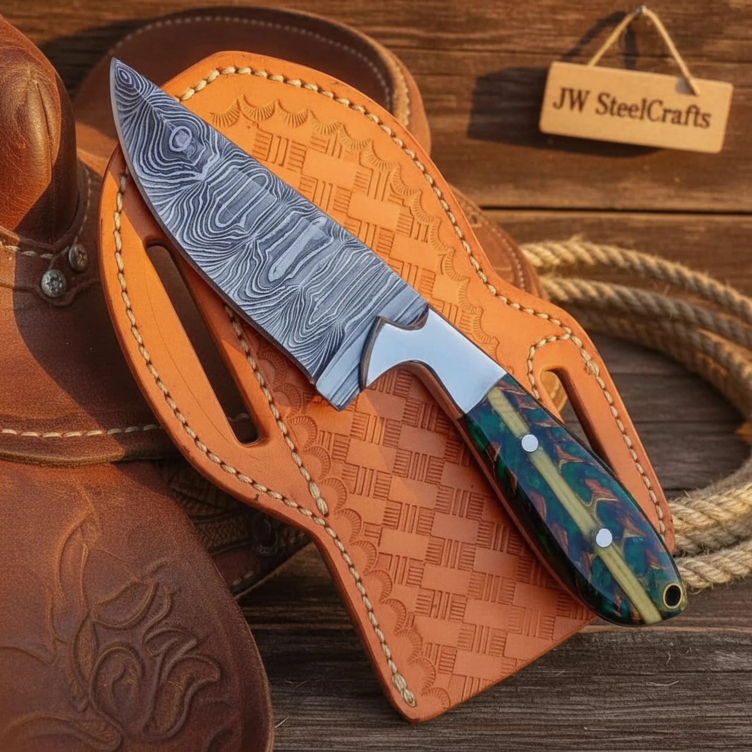 Custom Cowboy Damascus Fixed Blade Knife 7.5
