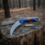 Damascus Karambit Knife with Blue Wood Handle, Finger Ring, and Sheath