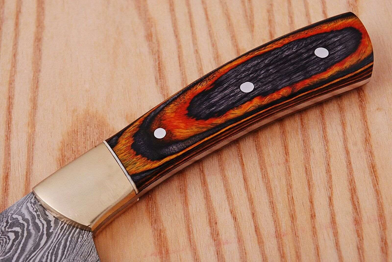 CUSTOM HAND FORGED DAMASCUS STEEL CHEF KNIFE WOOD AND BRASS HAndle