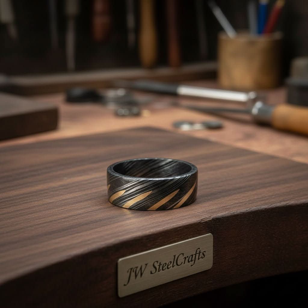 Black Damascus Gold Stripe Ring with Diagonal Multi-Stripe Inlay