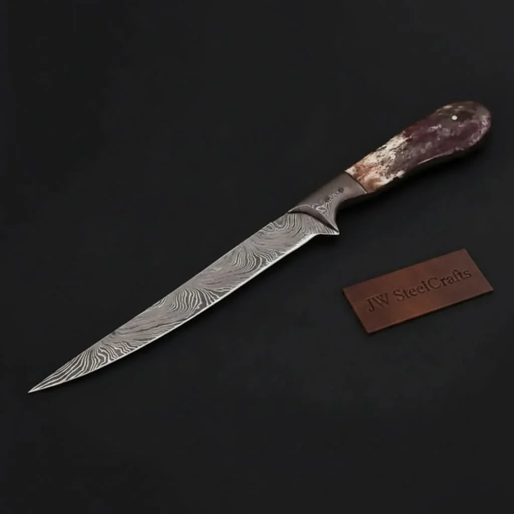 Custom Handmade Damascus Steel Boning Knife With Colour Bone Handle  with Leather Sheath