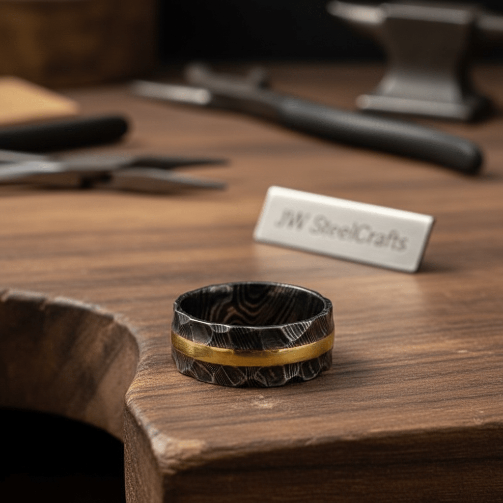 Hammered Damascus Gold Inlay Ring with Textured Surface